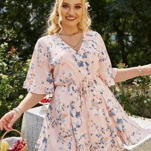 Simplee Plus Surplice Neck Floral Print Drawstring Waist Ruffle Hem Dress 2X 16
